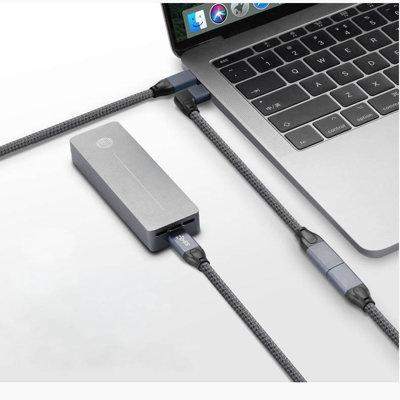 SYSTEM-S USB 3.1 Gen 2 Kabel 100cm Typ C Stecker zu Buchse geflochten Winkel Grau
