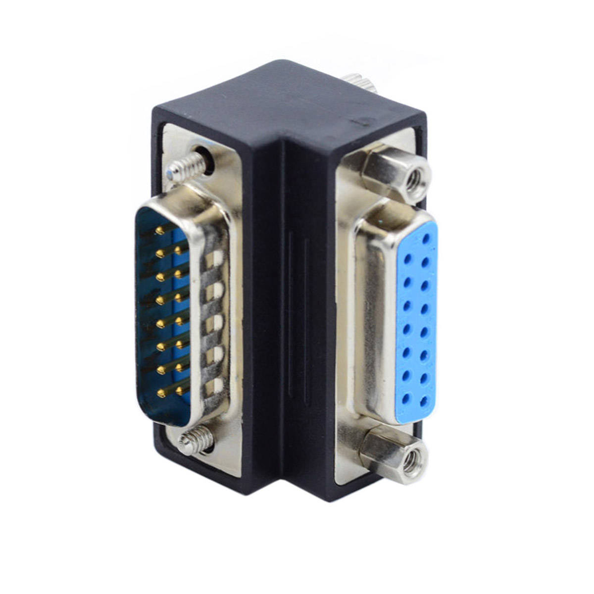 SYSTEM-S DB15 Adapter DSUB 15 Pin Stecker zu Buchse 90° Winkel Schraube Kabel in Schwarz