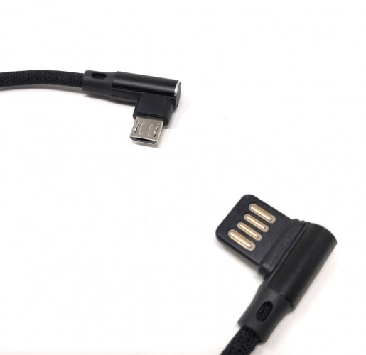 SYSTEM-S Micro USB Kabel Nylon links gewinkelt auf umkehrbarer USB Schnittstelle Typ A in Schwarz 29 cm