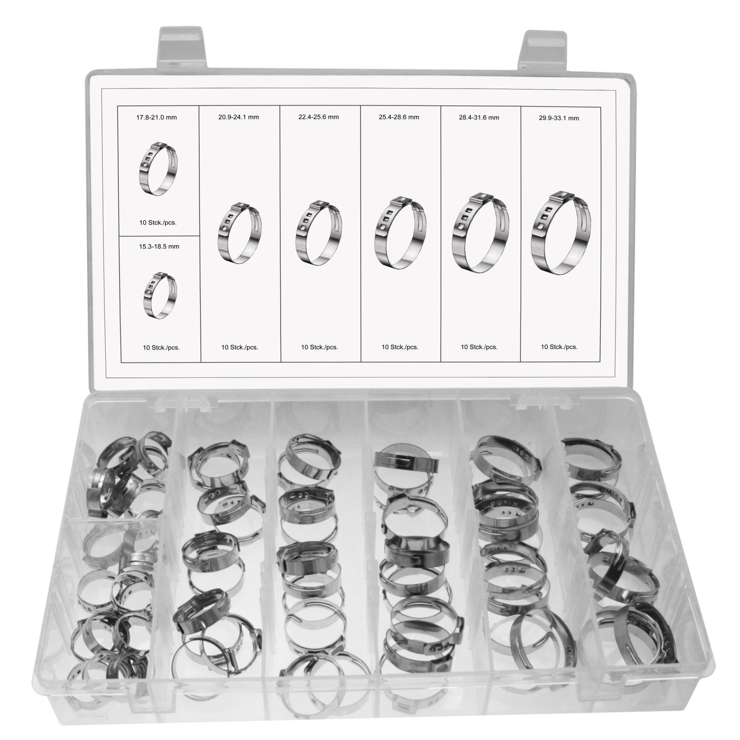 70 x Edelstahl 1 Ohr Schlauchschellen / Schlauchklemmen Sortimente 15.3 - 33.1 mm