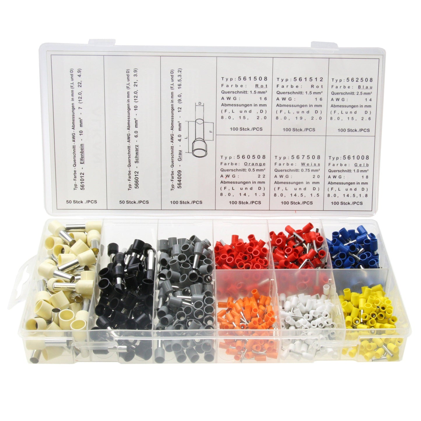 800 x Aderendhülsen-Sortiment - isoliert - Querschnitt 0,5-10,0mm² Länge 8-12mm