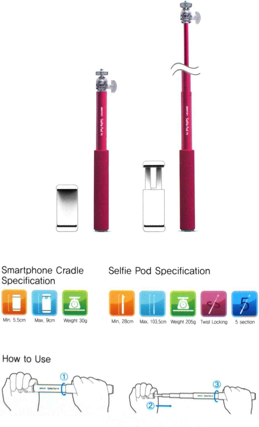 SYSTEM-S Matin Selfie Stange Stick Stab Monopod Teleskop ca. 25cm - 100cm Selfiestick Halter - DREIKS