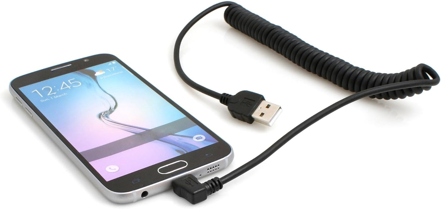 System-S Dehnbares Spiralkabel Micro USB 2.0 Kabel gewinkelt 90 grad Winkelstecker (rechts/male) Datenkabel und Ladekabel 50 - 135 cm