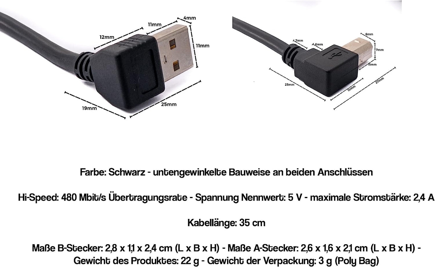 SYSTEM-S USB 2.0 Kabel 35 cm Typ B Stecker zu Typ A Stecker Winkel in Schwarz