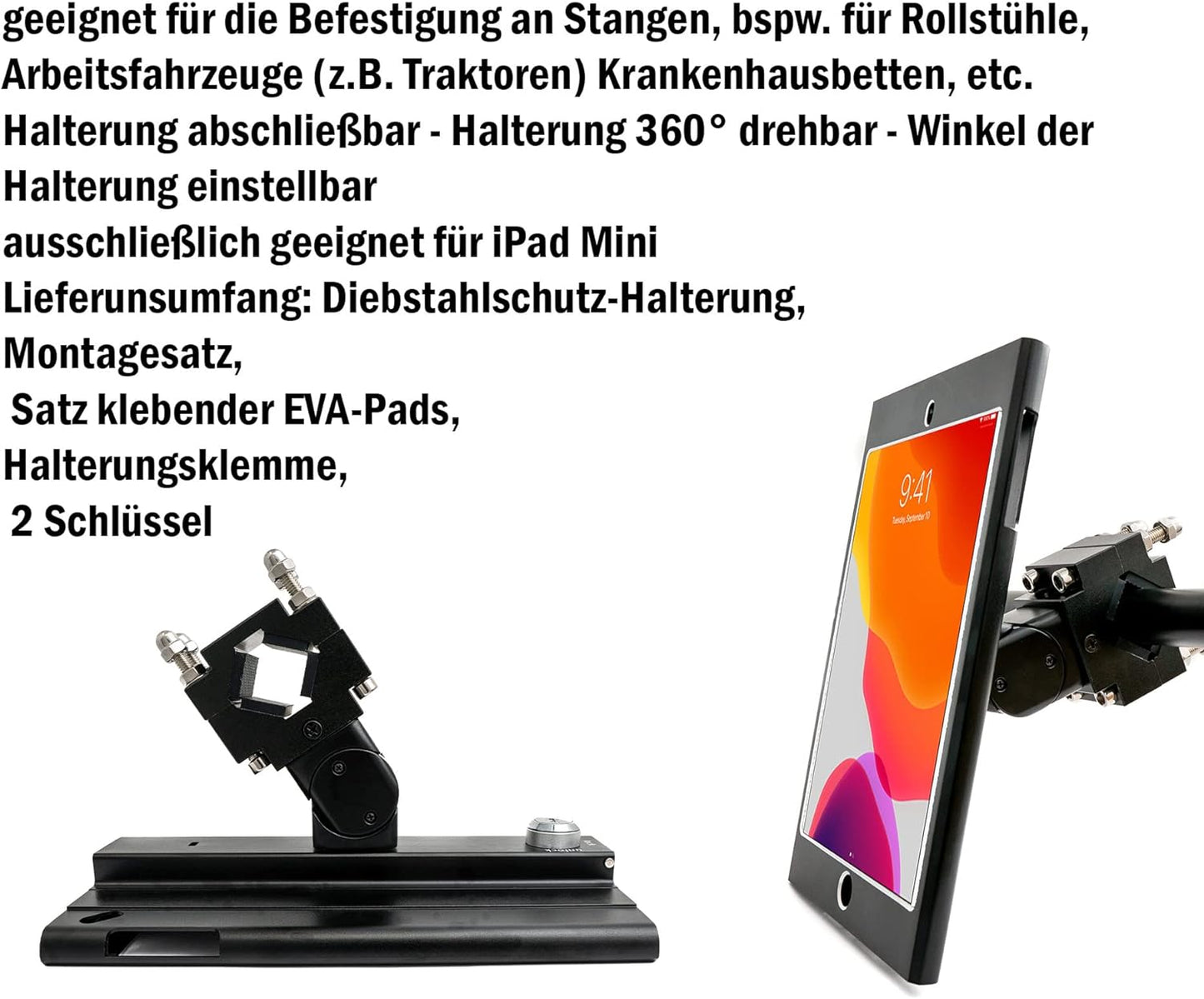 SYSTEM-S Stangen Halterung mit Schloss Befestigung aus Metall in Schwarz für iPad Mini