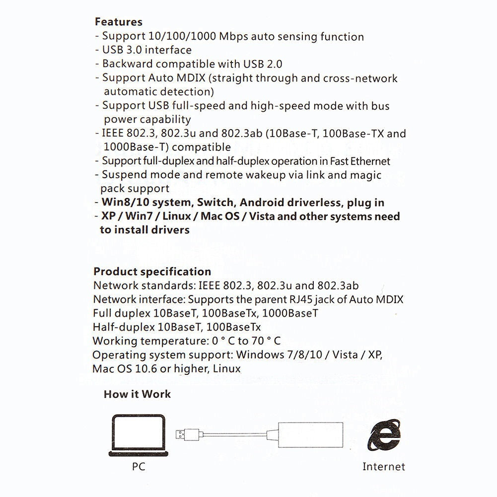 10/100/1000Mbps Gigabit Ethernet USB3.0 to RJ45 Network Adapter USB LAN Adapter