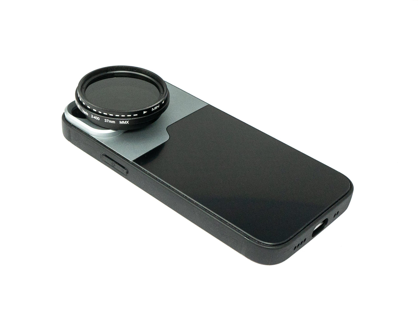 SYSTEM-S ND Vario Filter 37 mm 2 bis 4000 Neutraldichte mit Hülle für iPhone 13 Mini