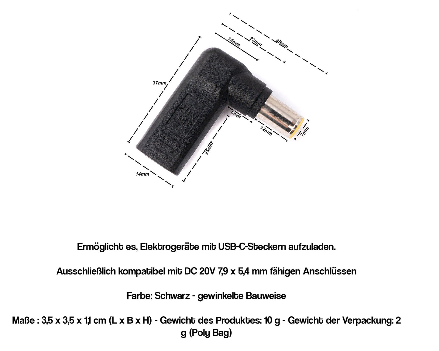 SYSTEM-S USB 3.1 Adapter Typ C Buchse zu DC 20V 7,9 x 5,4 mm Stecker Winkel Kabel