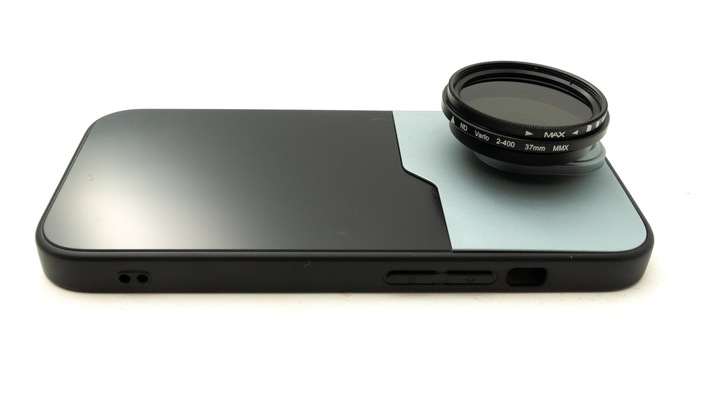 SYSTEM-S ND Vario Filter 37 mm 2 bis 400 Neutraldichte mit Gewinde Hülle für iPhone 15