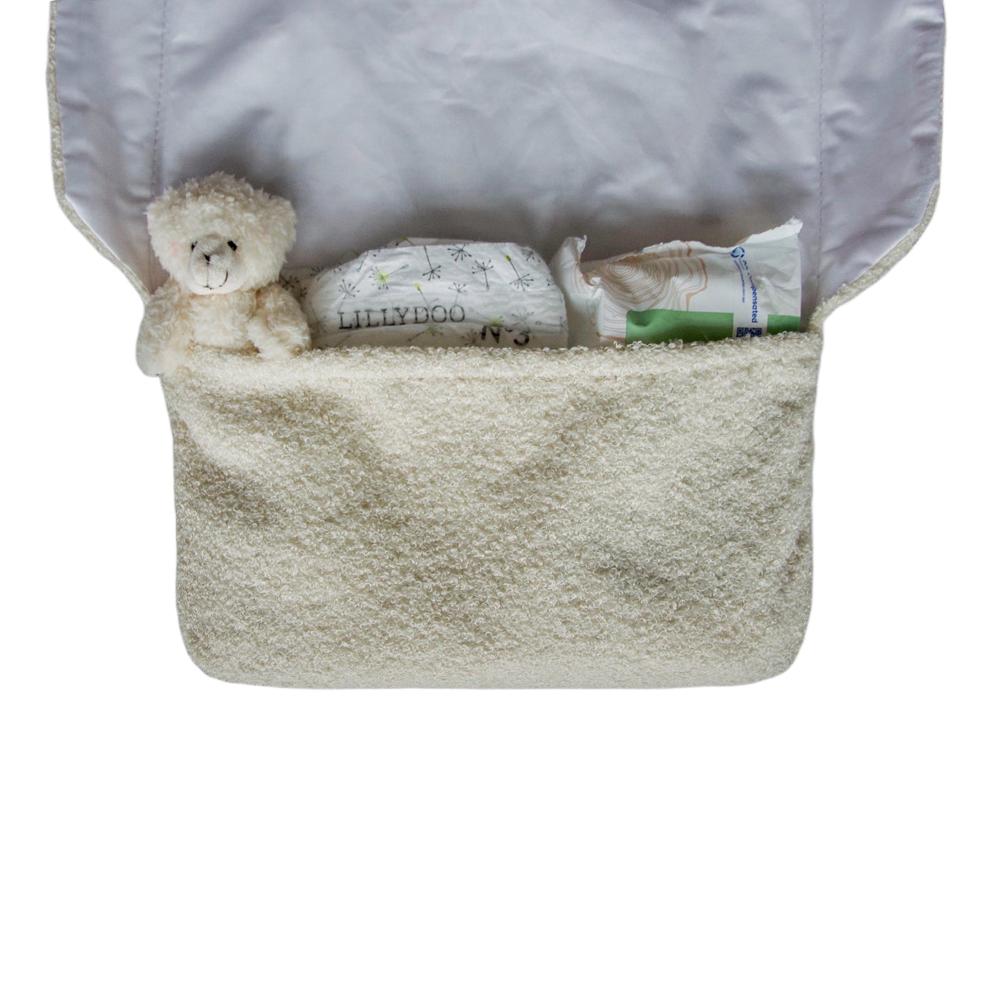 Wickelunterlage Teddystoff Bouclé – praktische Windeltasche für unterwegs