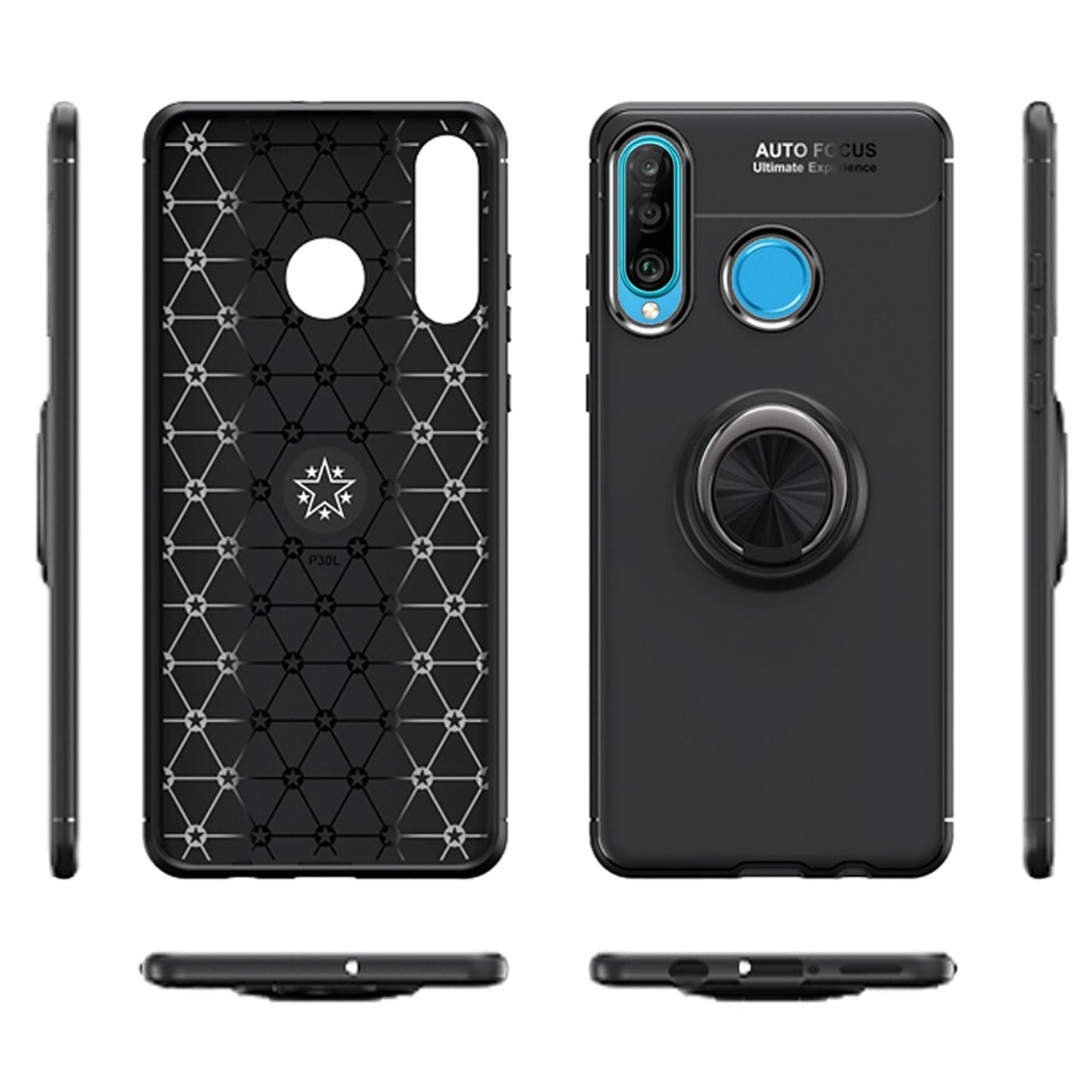 NALIA Ring Hülle kompatibel mit Huawei P30 Lite, Magnetische Silikon Handyhülle für KFZ-Halterung 360-Grad Finger-Halter, Dünnes Kickstand Cover Schutzhülle Ständer Case Slim Etui Bumper - Schwarz