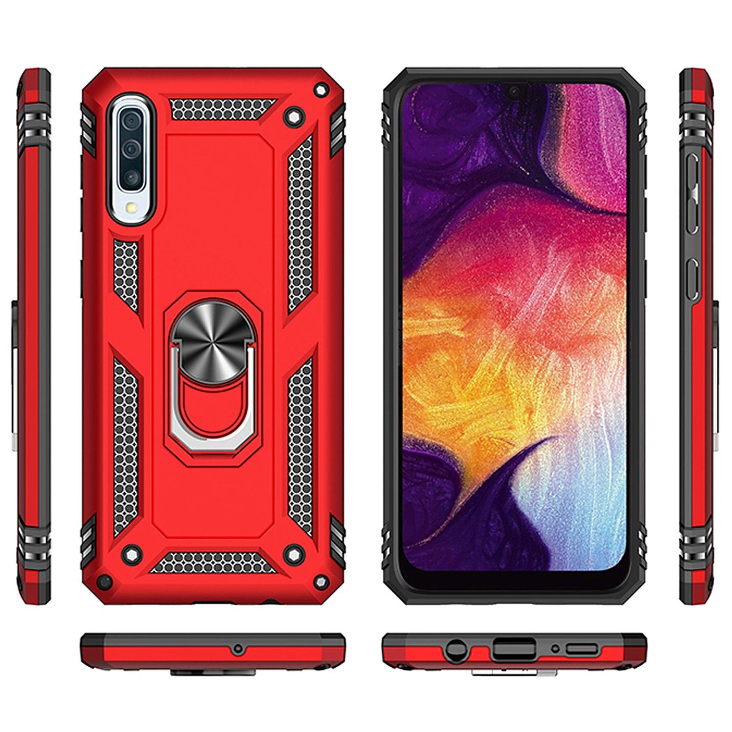 NALIA Ring Hülle + Schutzglas kompatibel mit Samsung Galaxy A50, 9H Displayschutz & 360° Finger-Halter Handyhülle für magnetische KFZ-Halterung, Silikon Cover & Hard-Case Bumper