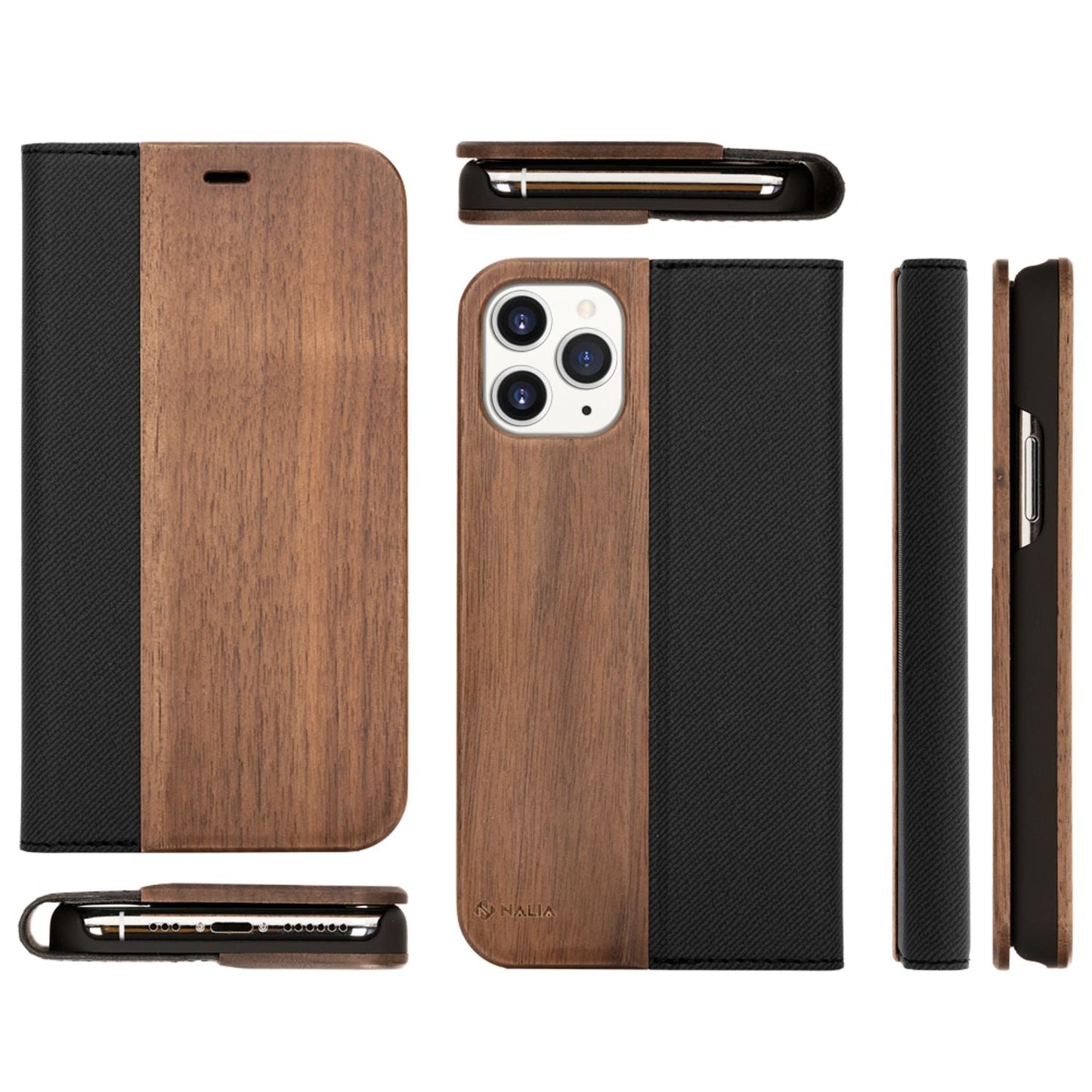 NALIA Echt-Holz Flipcase kompatibel mit iPhone 11 Pro Max Hülle, Premium Wood Etui Handyhülle mit Klappe, Handy-Tasche Phone Case Cover Schutzhülle Flipcover Klapphülle Rundum Schutz Bumper - Walnuss