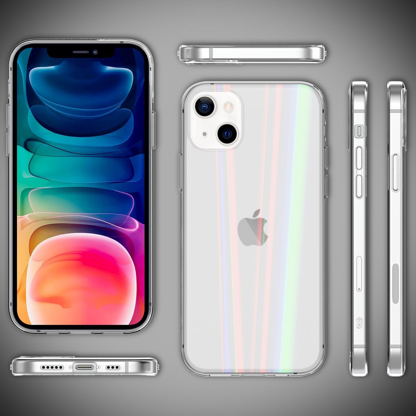 NALIA Klares Hartglas Case kompatibel mit iPhone 13 Hülle, Transparent Regenbogen Effekt Anti-Gelb Kratzfest Tempered Glass & Silikon Bumper, Holografisch Bunt Glänzende Handyhülle Cover Durchsichtig