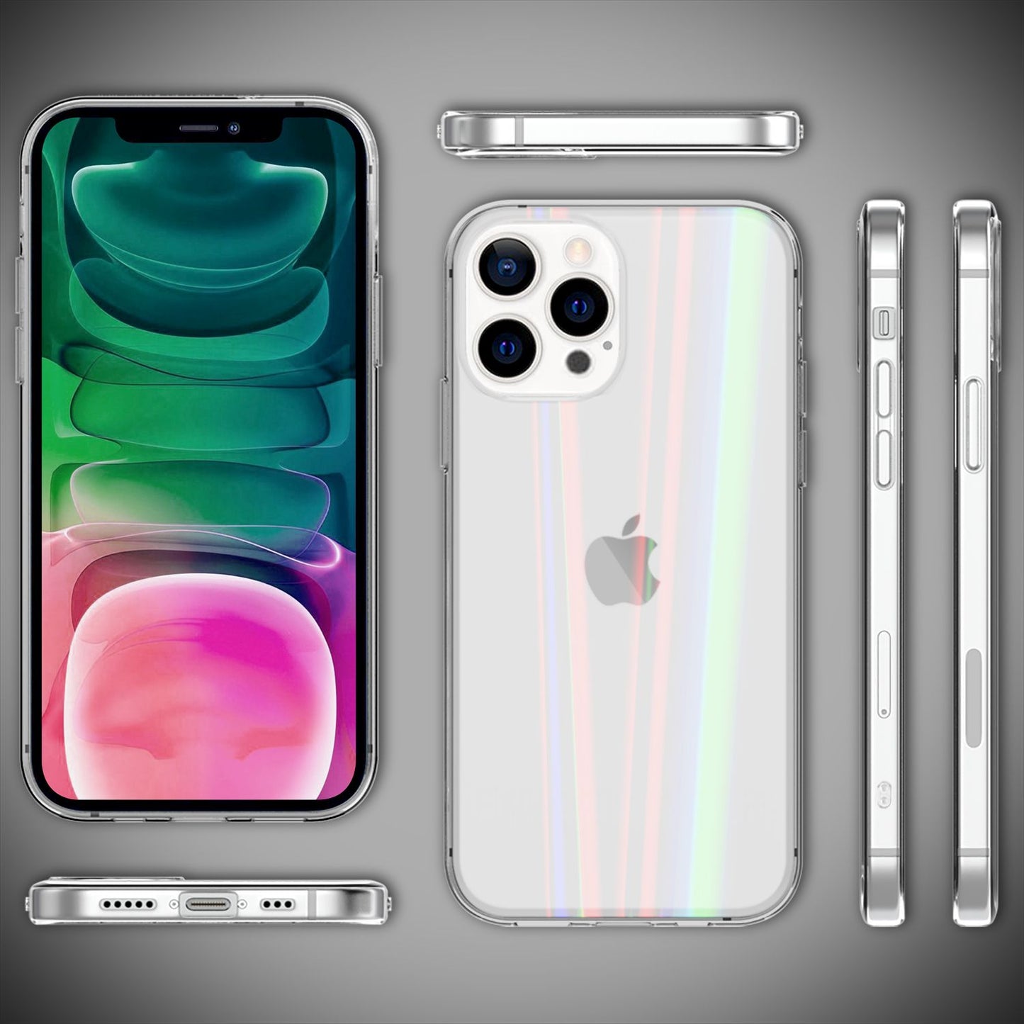 NALIA Klares Hartglas Case kompatibel mit iPhone 13 Pro Hülle, Transparent Regenbogen Effekt Anti-Gelb Kratzfest Tempered Glass & Silikon Bumper, Holografisch Bunt Glänzende Handyhülle Durchsichtig