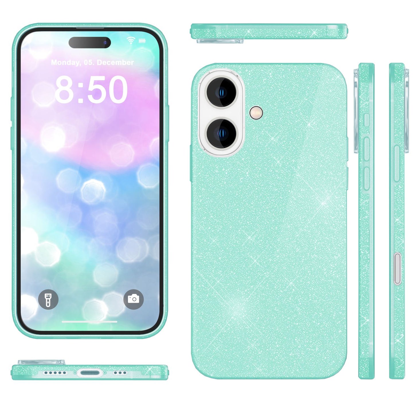 NALIA Glitzerhülle für iPhone 16 – Funkelnder Glitzer-Look & Grip – SHINEPOP (Silikon Case) – Marke aus Berlin
