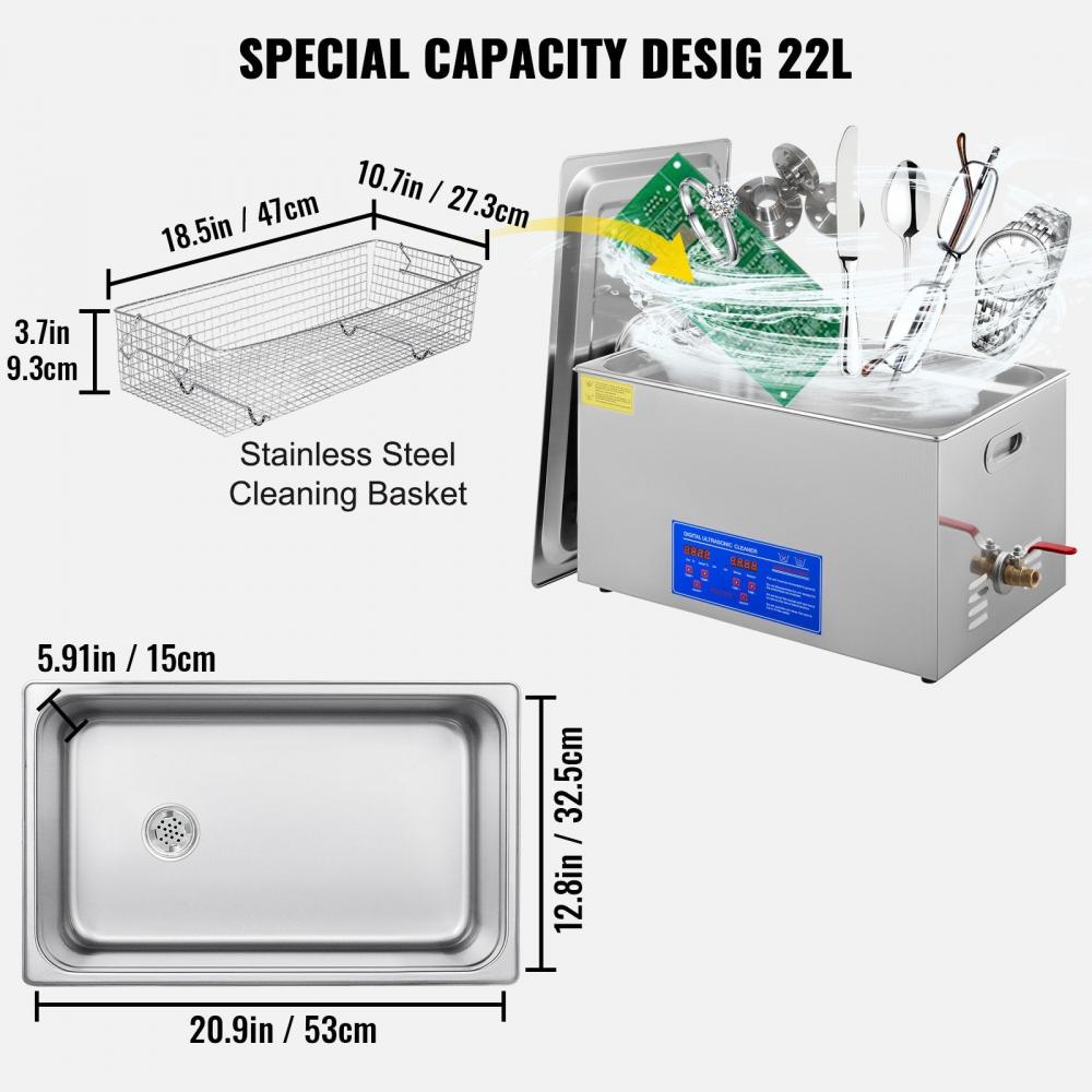 Ultrasonic cleaner 22L - stainless steel with heating