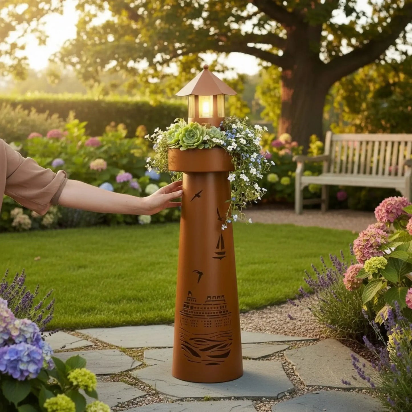 Leuchtturm LED Rostoptik Pflanzturm Pflanzschale Maritim Gartenbeleuchtung 80x20 cm