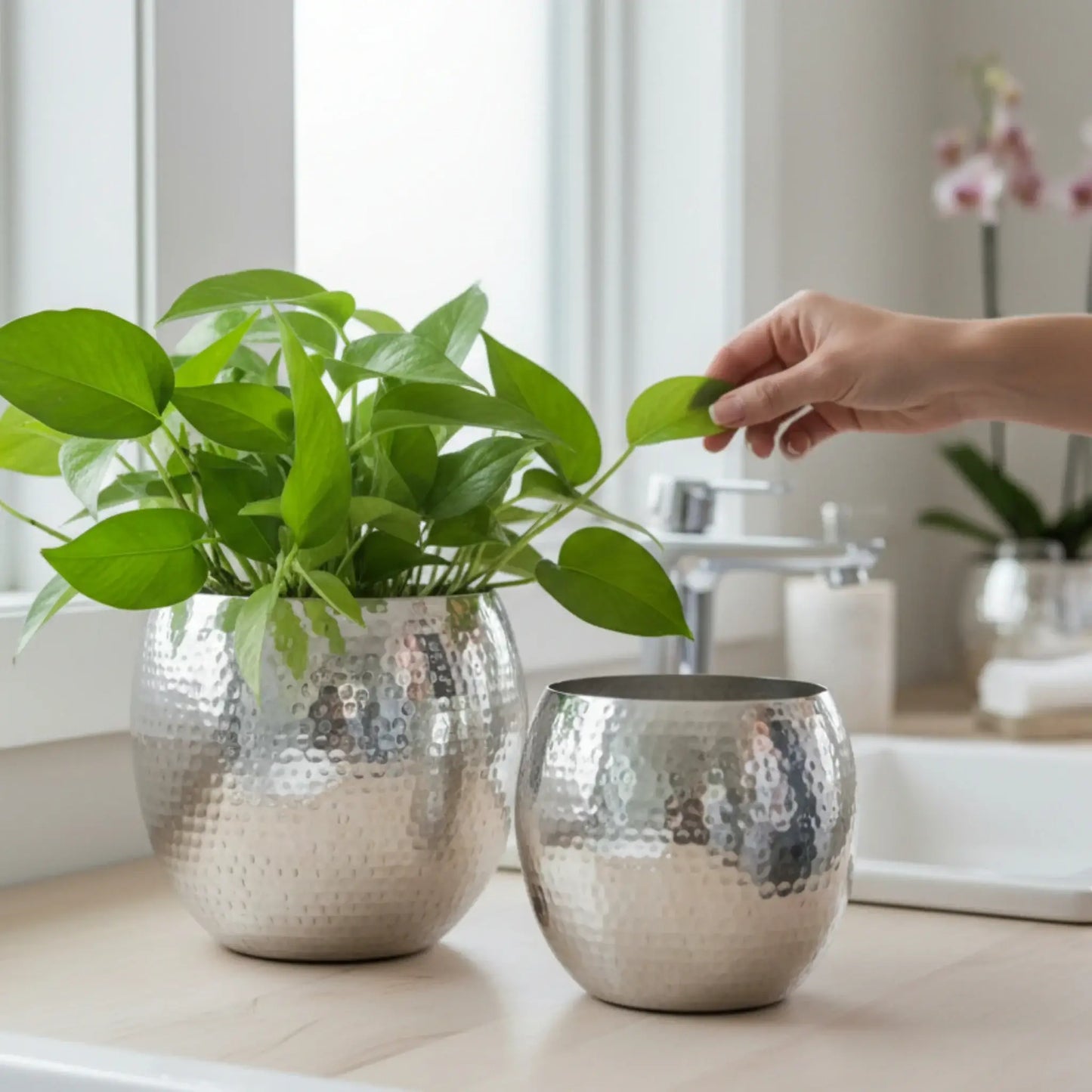 Übertopf Blumentopf Silber Pflanztopf Deko 2er Set glänzend rund Hammerschlag