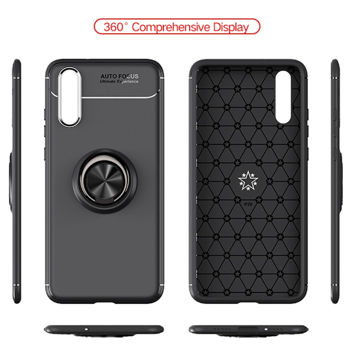 NALIA Ring Hülle kompatibel mit Huawei P20, Schutzhülle Cover magnetische Silikon Handyhülle für KFZ-Halterung 360-Grad Finger-Halter, Case Dünn Smartphone Ständer Slim Back Etui Bumper - Schwarz