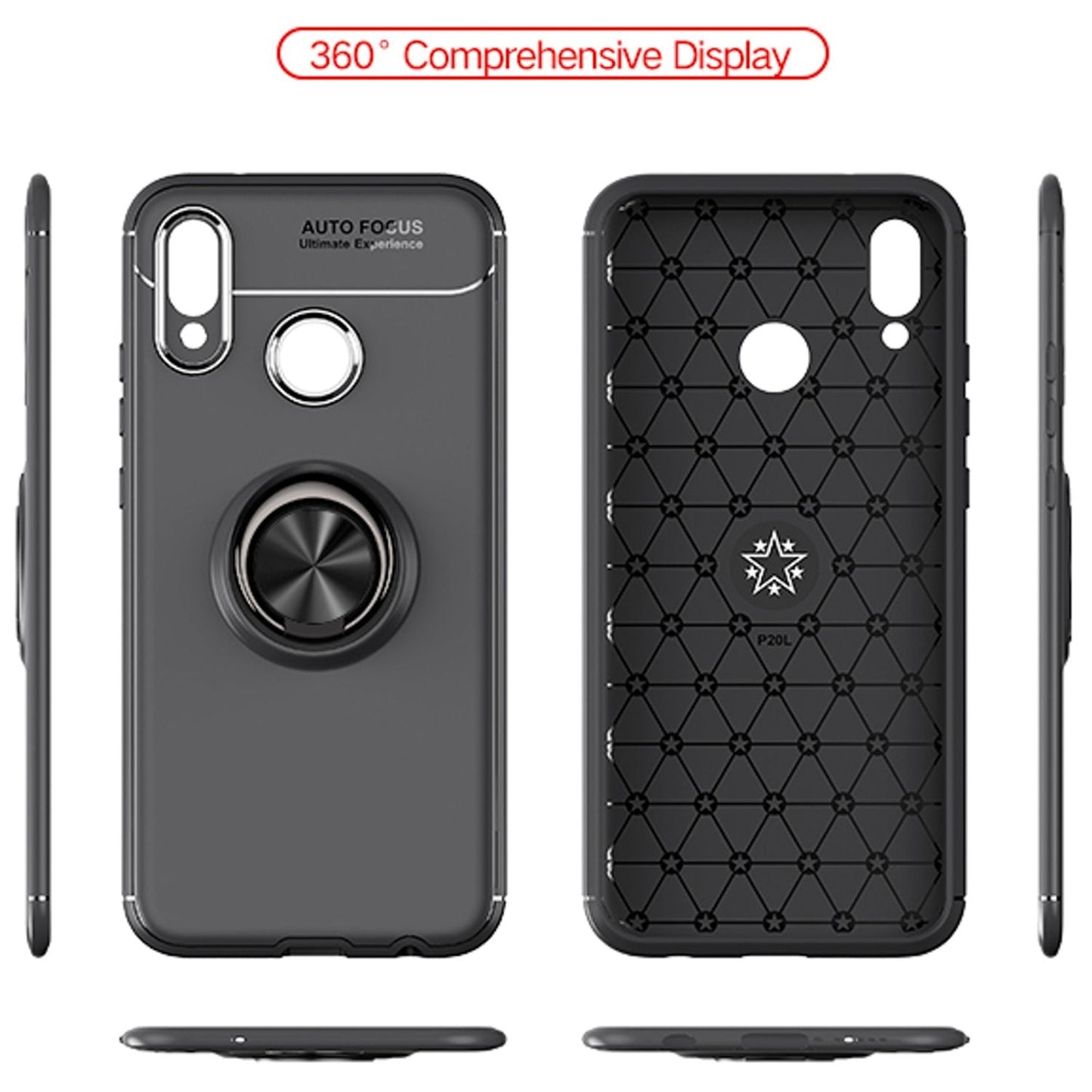 NALIA Ring Hülle kompatibel mit Huawei P20 Lite, Schutzhülle Cover magnetische Silikon Handyhülle für KFZ-Halterung 360-Grad Finger-Halter, Case Dünn Smartphone Ständer Slim Etui Bumper - Schwarz