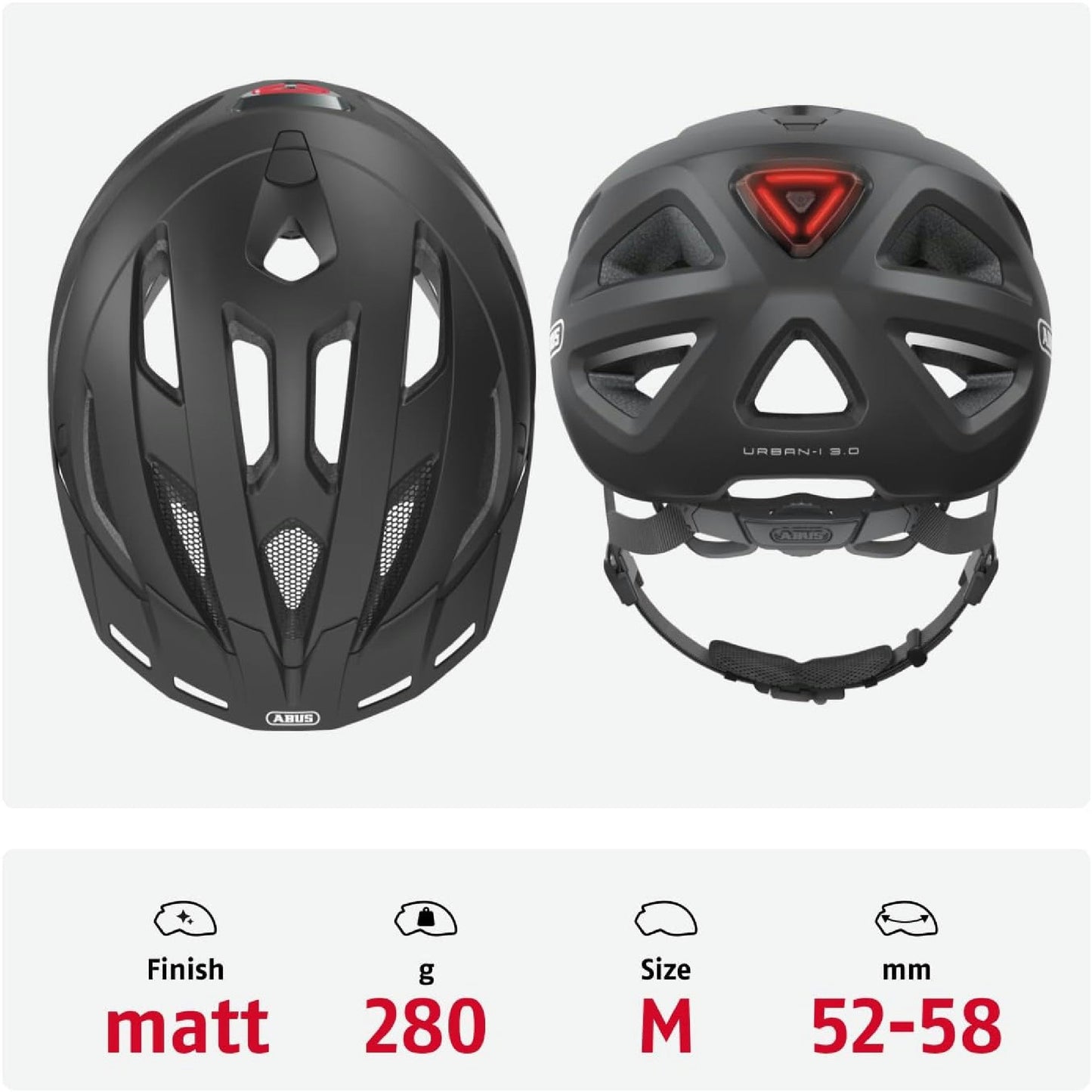 ABUS Fahrradhelm Urban-I 3.0 Schwarz Matt mit Rücklicht