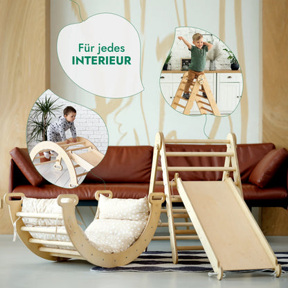 4in1 Montessori Klettergerüst Set: Kletterdreieck mit Rutsche, Kletterbogen mit Kissen, für Kinder 1-7 Jahre – Beige