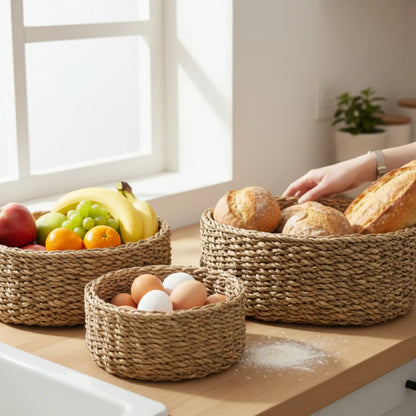 3 Körbe runder Korb Seegras Aufbewahrungskorb Dekokorb natur braun rund Körbche