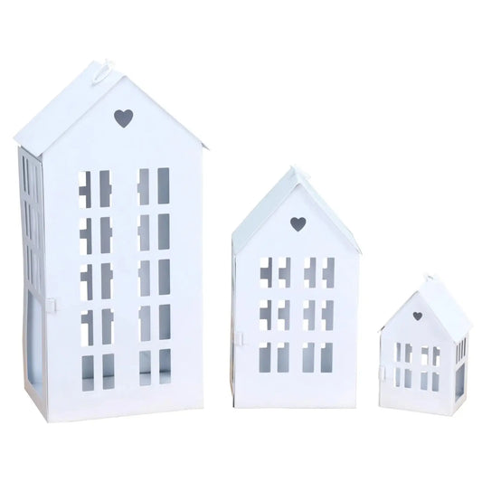 3 Laternenhäuser Windlicht Laternen Häuser Laterne Haus Metall weiß 3er SET