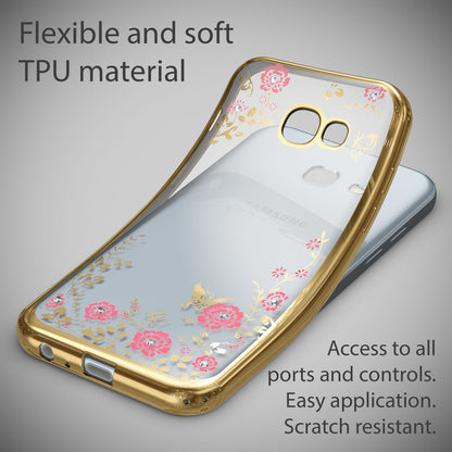 NALIA Handyhülle kompatibel mit Samsung Galaxy A5 2017, Durchsichtiges Slim Silikon Case Blumen-Muster Metall-Optik, Dünne Schutzhülle Glitzer-Steine Bling Cover Etui Handy-Tasche Hülle