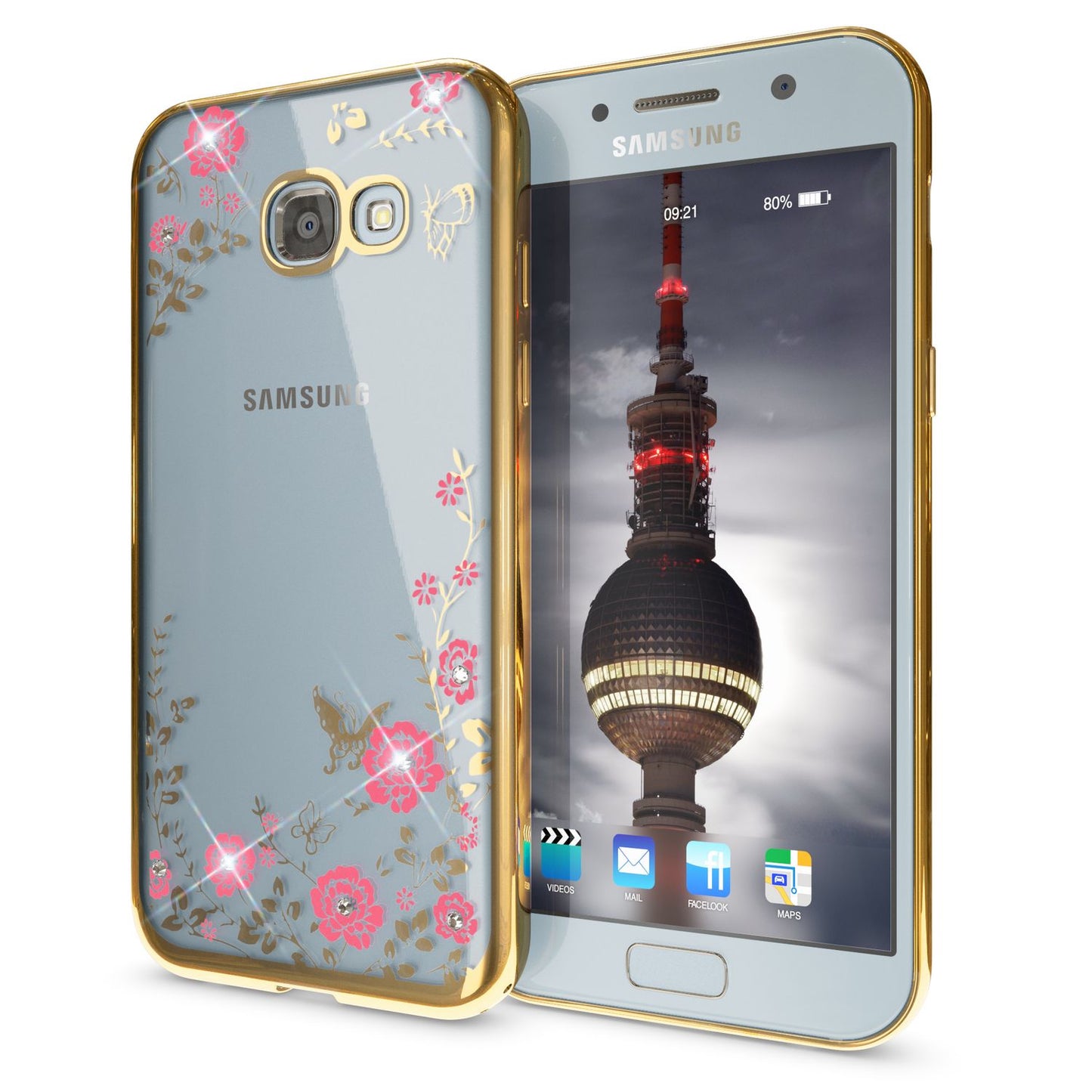 NALIA Handyhülle kompatibel mit Samsung Galaxy A5 2017, Durchsichtiges Slim Silikon Case Blumen-Muster Metall-Optik, Dünne Schutzhülle Glitzer-Steine Bling Cover Etui Handy-Tasche Hülle