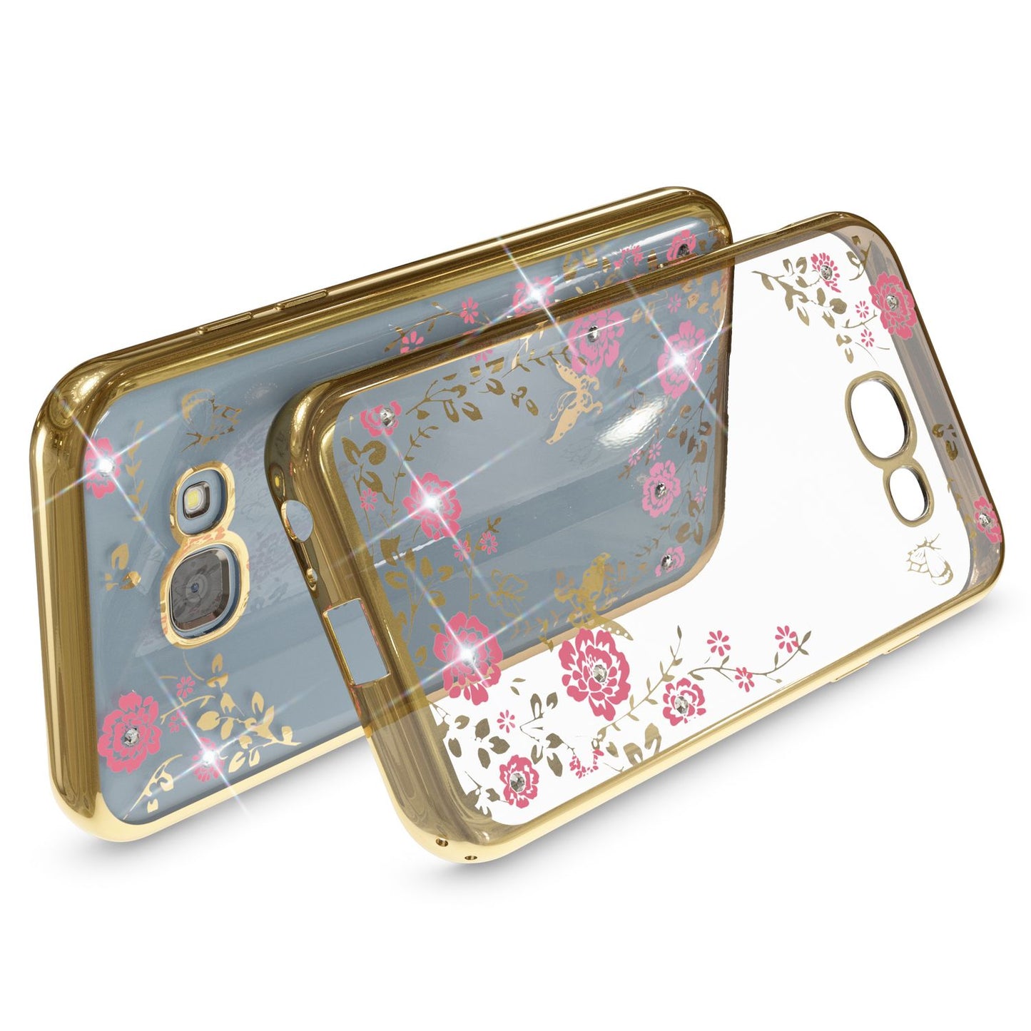 NALIA Handyhülle kompatibel mit Samsung Galaxy A5 2017, Durchsichtiges Slim Silikon Case Blumen-Muster Metall-Optik, Dünne Schutzhülle Glitzer-Steine Bling Cover Etui Handy-Tasche Hülle