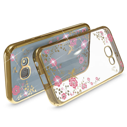 NALIA Handyhülle kompatibel mit Samsung Galaxy A5 2017, Durchsichtiges Slim Silikon Case Blumen-Muster Metall-Optik, Dünne Schutzhülle Glitzer-Steine Bling Cover Etui Handy-Tasche Hülle
