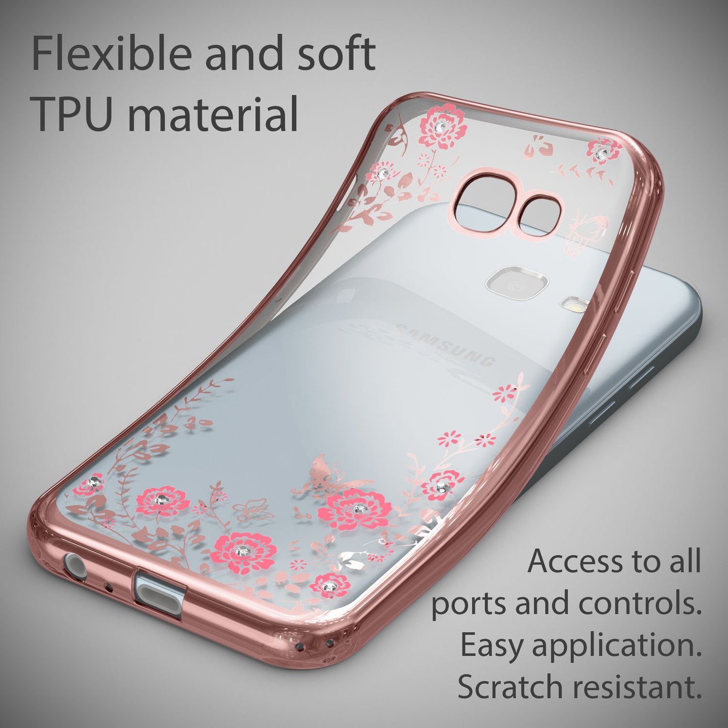 NALIA Handyhülle kompatibel mit Samsung Galaxy A5 2017, Durchsichtiges Slim Silikon Case Blumen-Muster Metall-Optik, Dünne Schutzhülle Glitzer-Steine Bling Cover Etui Handy-Tasche Hülle
