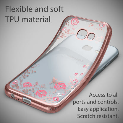 NALIA Handyhülle kompatibel mit Samsung Galaxy A5 2017, Durchsichtiges Slim Silikon Case Blumen-Muster Metall-Optik, Dünne Schutzhülle Glitzer-Steine Bling Cover Etui Handy-Tasche Hülle