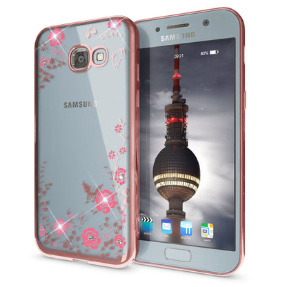 NALIA Handyhülle kompatibel mit Samsung Galaxy A5 2017, Durchsichtiges Slim Silikon Case Blumen-Muster Metall-Optik, Dünne Schutzhülle Glitzer-Steine Bling Cover Etui Handy-Tasche Hülle