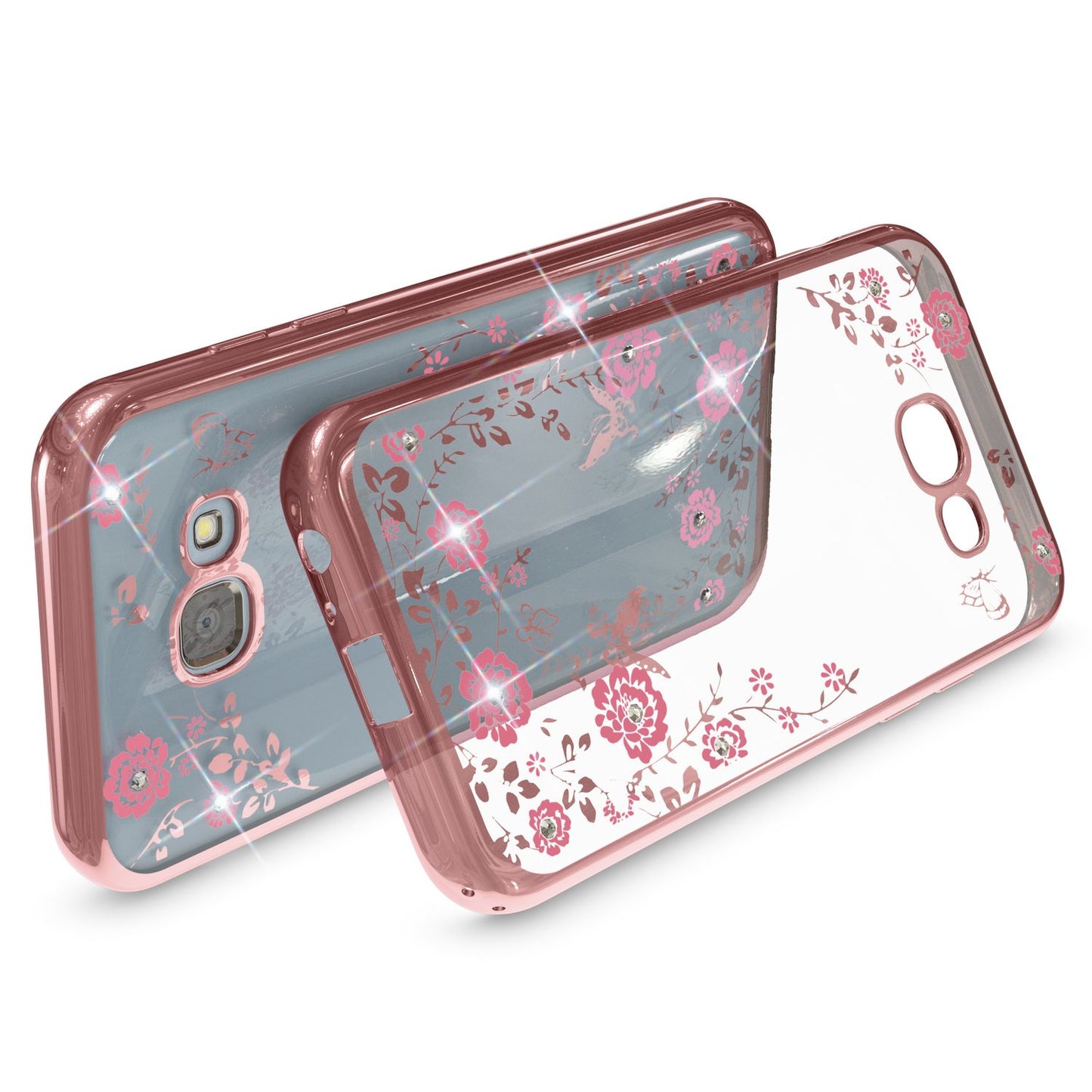NALIA Handyhülle kompatibel mit Samsung Galaxy A5 2017, Durchsichtiges Slim Silikon Case Blumen-Muster Metall-Optik, Dünne Schutzhülle Glitzer-Steine Bling Cover Etui Handy-Tasche Hülle
