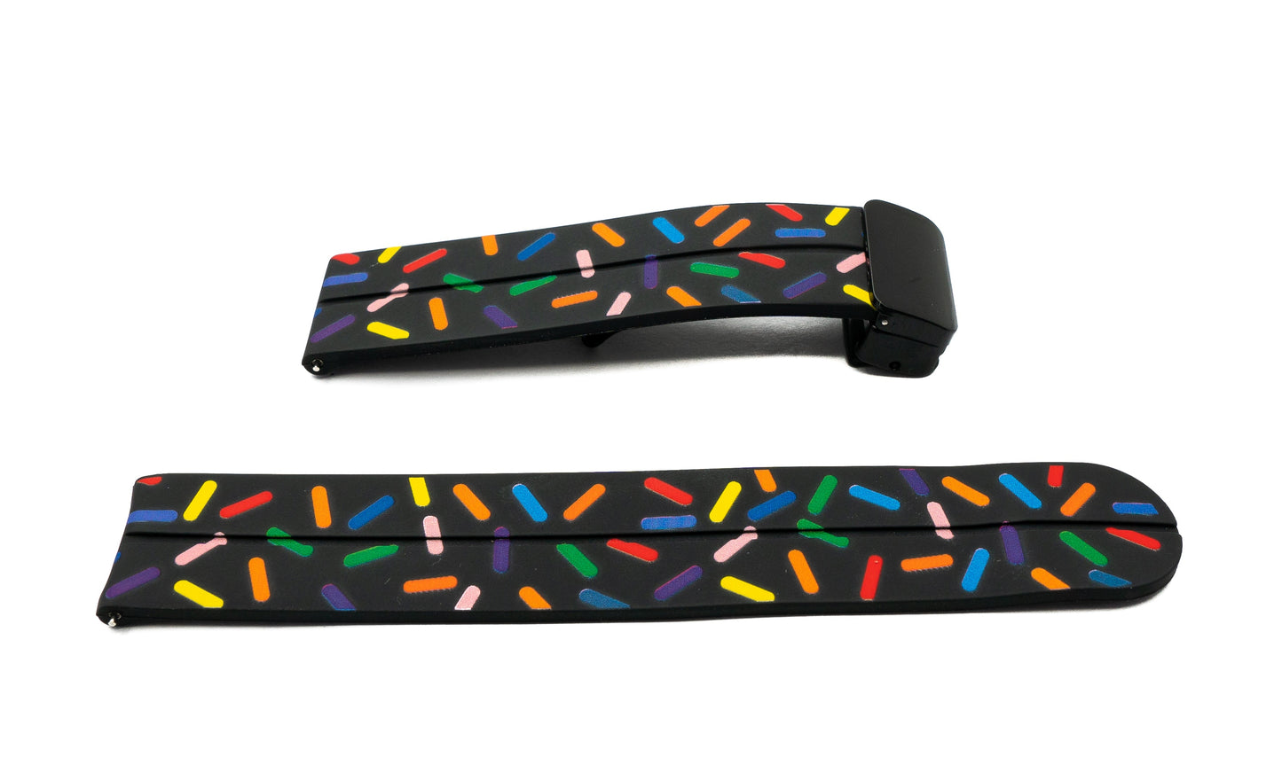 SYSTEM-S 20 mm silicone strap with folding clasp for Smartwatch with sprinkles print in black