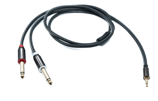 SYSTEM-S Audio Y Klinke Kabel 100 cm 2x 6,35 mm 2 polig Stecker zu 3,5 mm 3 polig Stecker geflochten AUX
