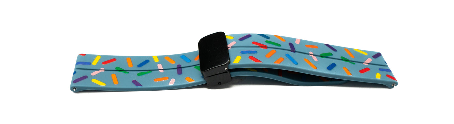 SYSTEM-S 20 mm silicone strap with folding clasp for Smartwatch with sprinkles print in light blue