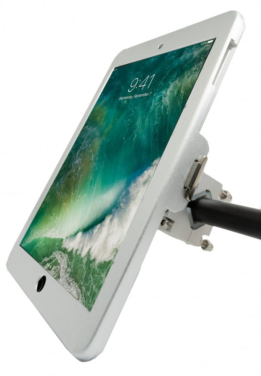 SYSTEM-S rod holder with lock fastening made of metal for iPad 9.7" (2018) A1673 A1674 A1675 A1893 A1954 A1822 A1823 A1474 A1475 A1476 A1566 A1567 Air 1 2