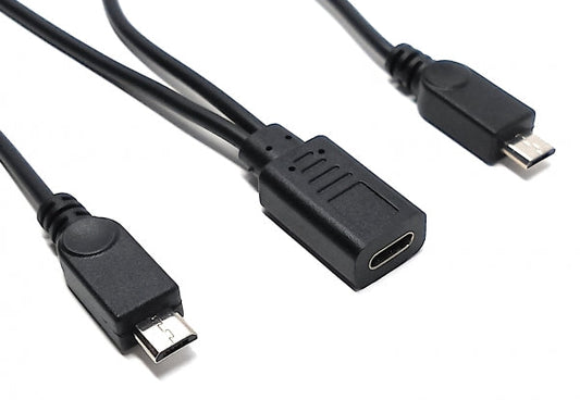 SYSTEM-S USB 3.1 Y Kabel 25 cm Typ C Buchse zu 2x 2.0 Micro B Stecker in Schwarz
