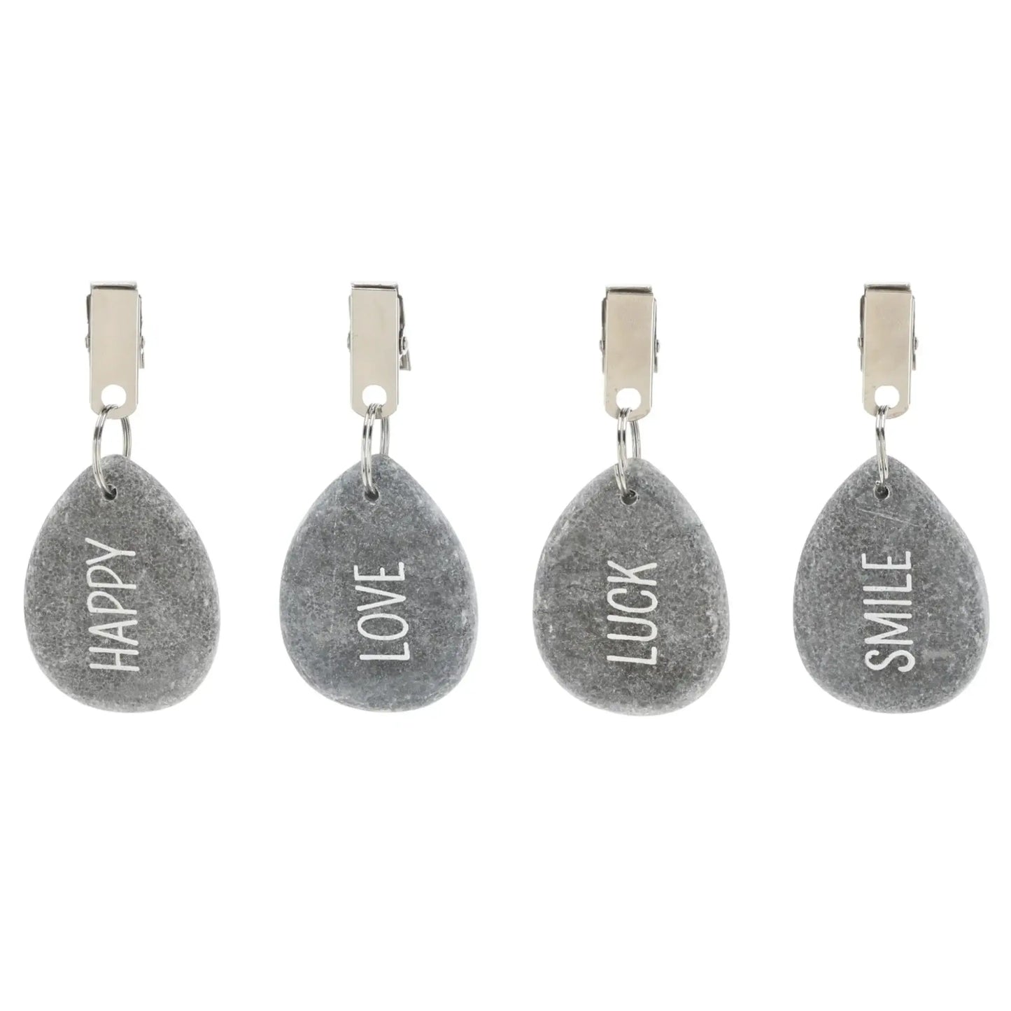4er Set Tischdeckenbeschwerer grau Stein Love Luck Happy Smile Stahlclips 250 gr
