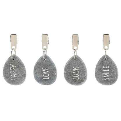 4er Set Tischdeckenbeschwerer grau Stein Love Luck Happy Smile Stahlclips 250 gr