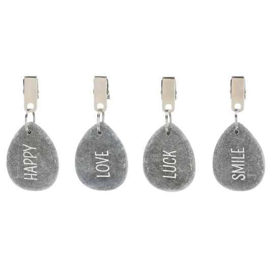 4er Set Tischdeckenbeschwerer grau Stein Love Luck Happy Smile Stahlclips 250 gr