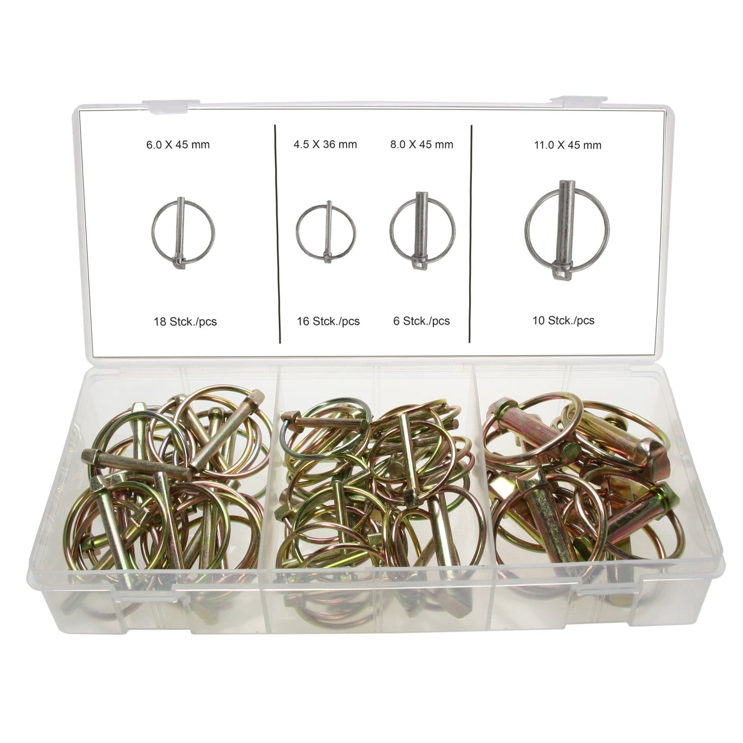Klappsplinte-Sortiment Bolzensicherung Klappstecker 4,5 - 6 - 8 - 11 mm 50-tlg.