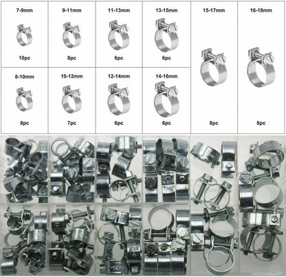 73x Universal Mini Schlauchklemmen-Sortiment Rundziehende Schlauchschellen Satz