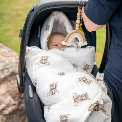 Einschlagdecke für Babyschale aus Musselin Teddybär | ganzjährig & leicht 2.5 TOG
