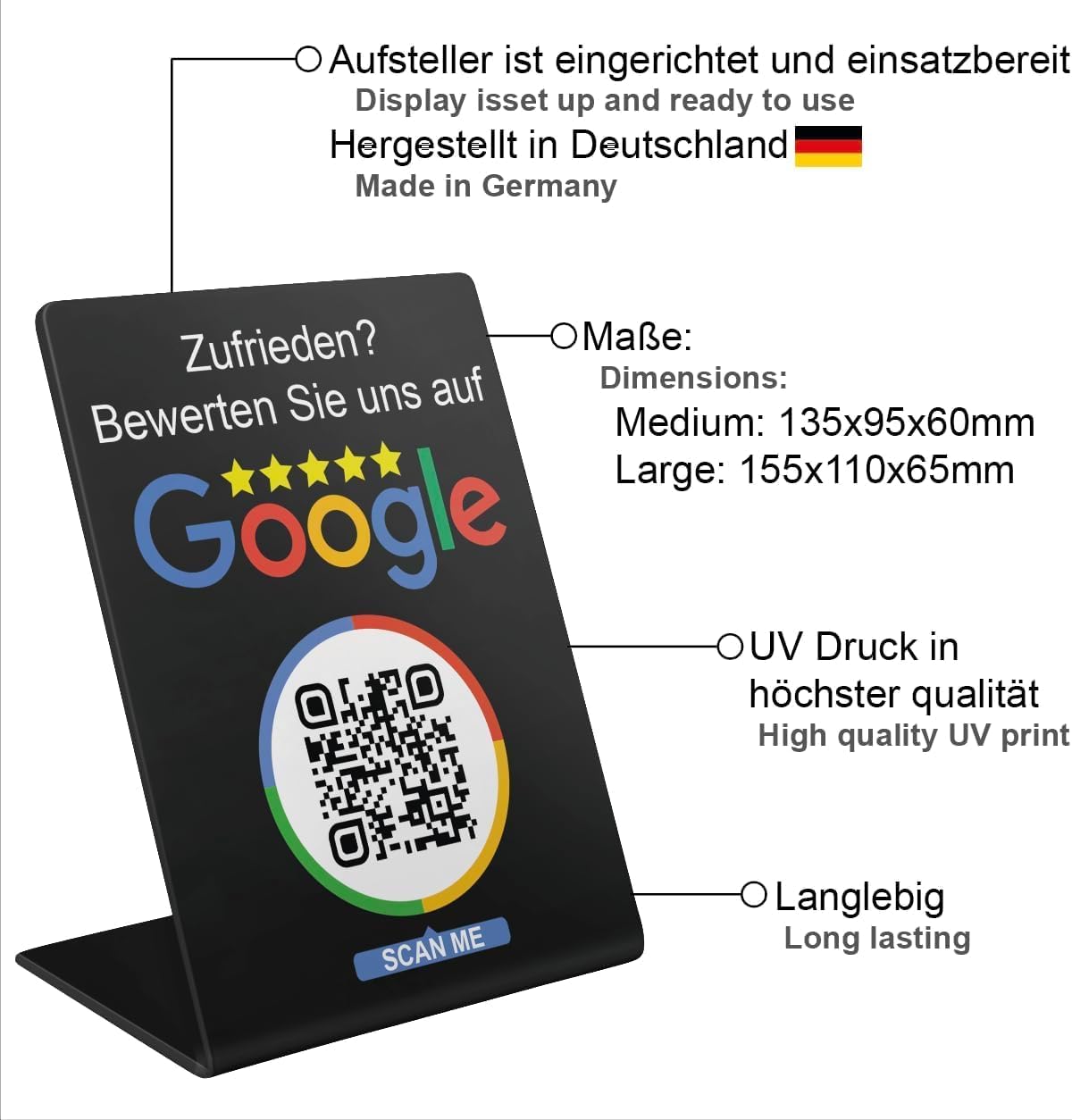 Google Bewertung Aufsteller Schild für Unternehmen Läden Shops Restaurants. QR Code und NFC V3