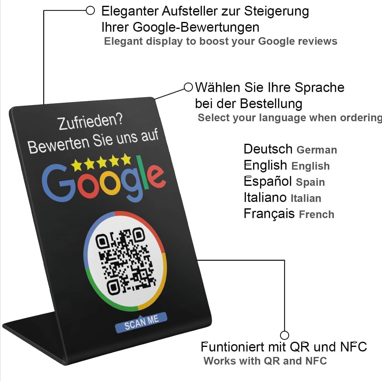 Google Bewertung Aufsteller Schild für Unternehmen Läden Shops Restaurants. QR Code und NFC V3
